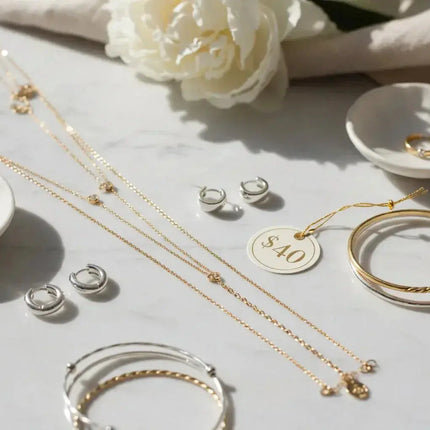 Gold and silver stainless steel rings, necklaces, and bangles on marble with price tag