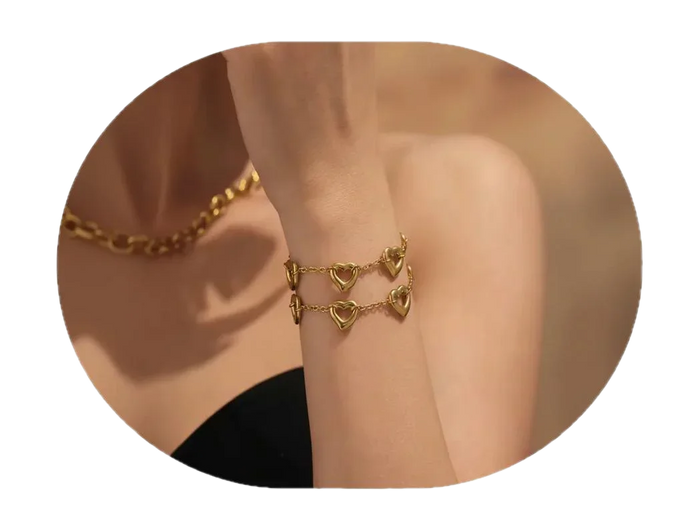 Gold chain bracelet on a wrist with a blurred background