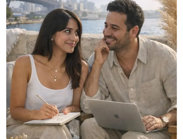 Couple sitting together with a laptop and notebook by a waterfront, with '2Moon' branding.